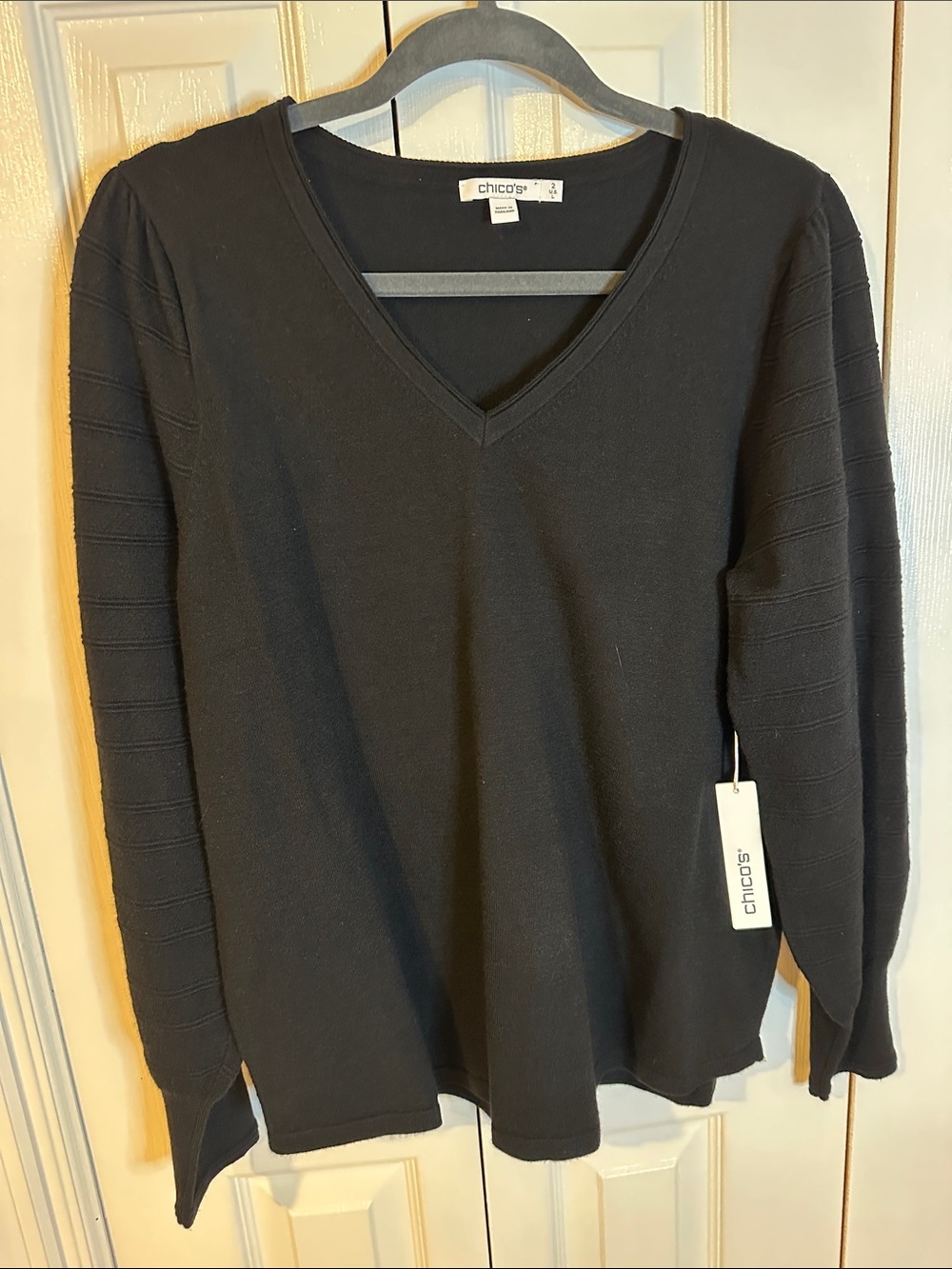 NWT Chico's Black V‑Neck Sweater with Textured Sleeves | 2